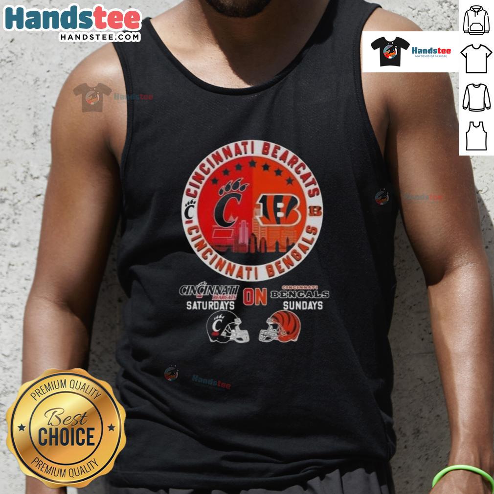 Alt Text: Cincinnati Sports Bearcats tank top featuring football helmets and skyline design for Bengals Sundays.