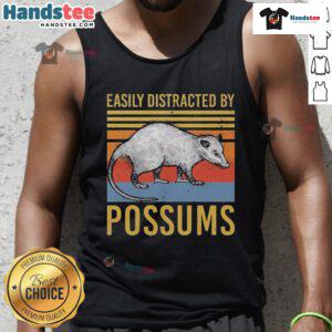 Vintage sunset tank top featuring 'Easily Distracted by Possums' design, perfect for animal lovers and casual wear.