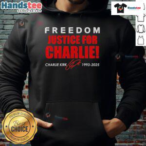 Alt Text: Official Freedom & Justice for Charlie Kirk 1993-2025 red signature tribute hoodie showcasing bold design.