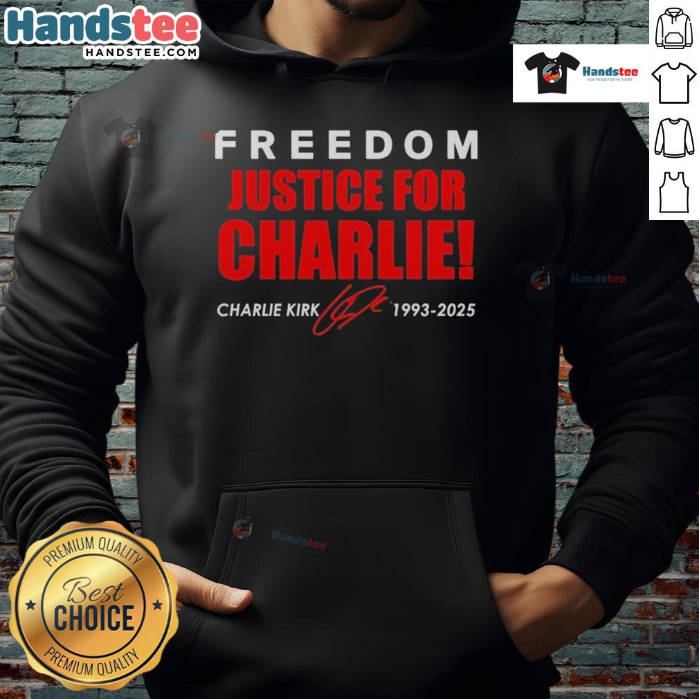 Alt Text: Official Freedom & Justice for Charlie Kirk 1993-2025 red signature tribute hoodie showcasing bold design.