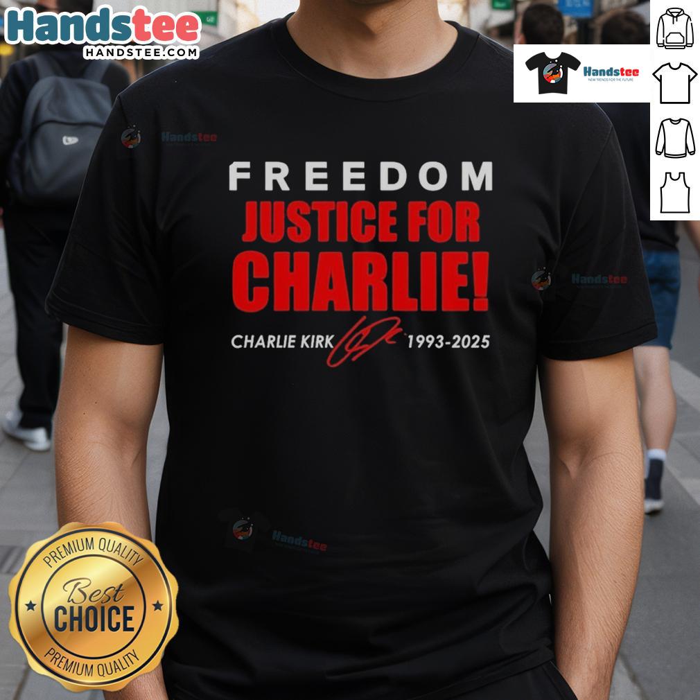 Official Freedom Justice For Charlie Kirk 1993-2025 red tribute t-shirt featuring signature design and bold lettering.