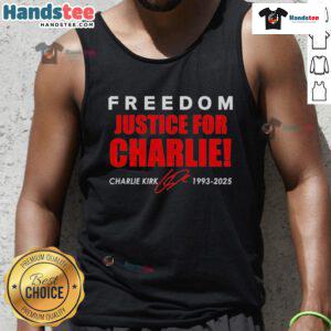 Alt Text: Red tank top featuring Official Freedom Justice for Charlie Kirk 1993-2025 signature tribute design.
