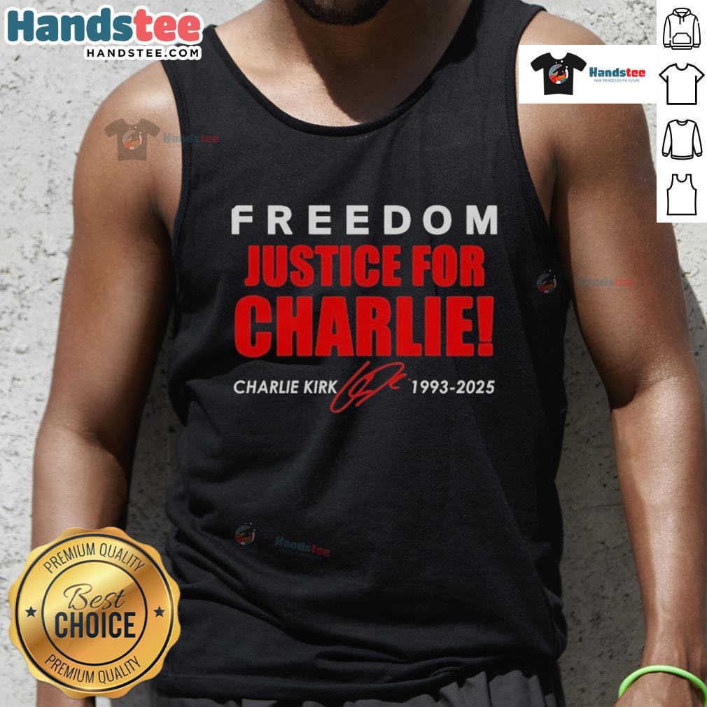 Alt Text: Red tank top featuring Official Freedom Justice for Charlie Kirk 1993-2025 signature tribute design.