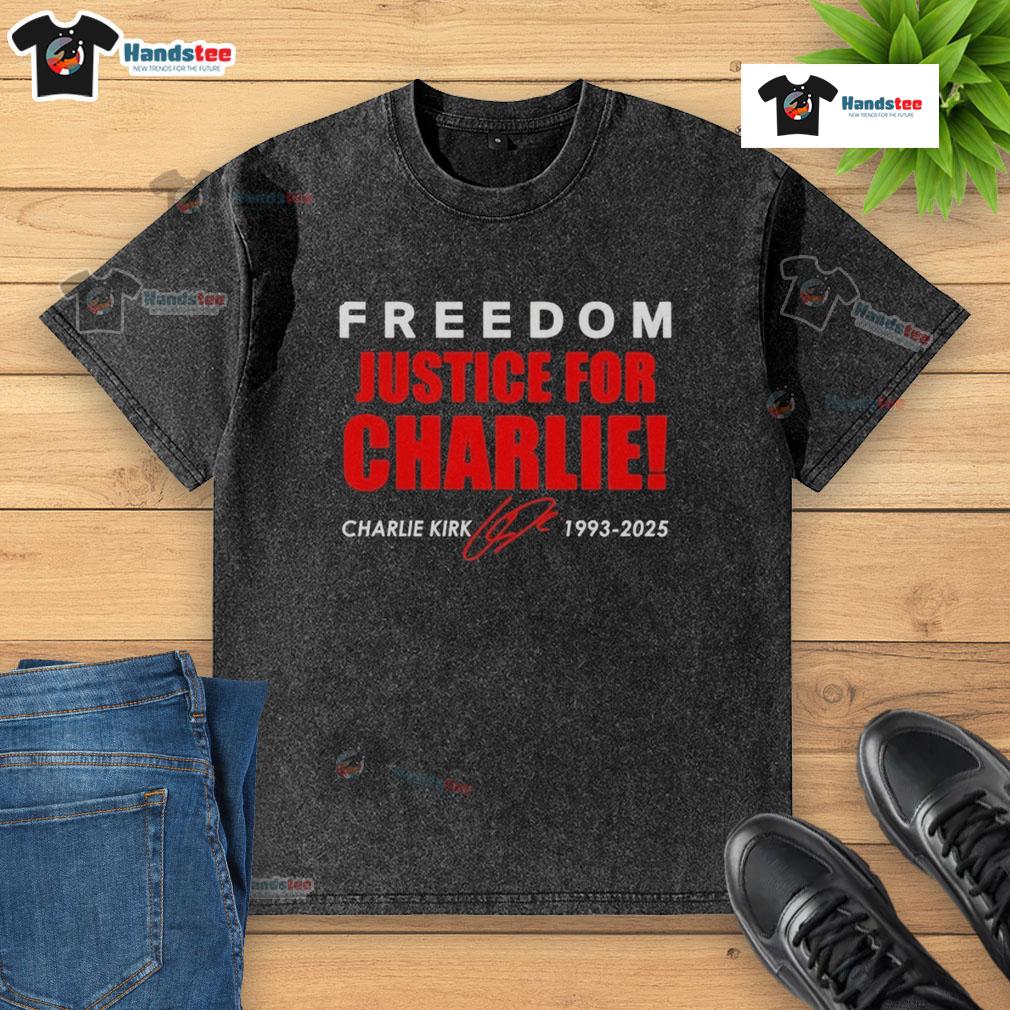 Red tribute washed t-shirt featuring 'Freedom & Justice for Charlie Kirk 1993-2025' signature design.