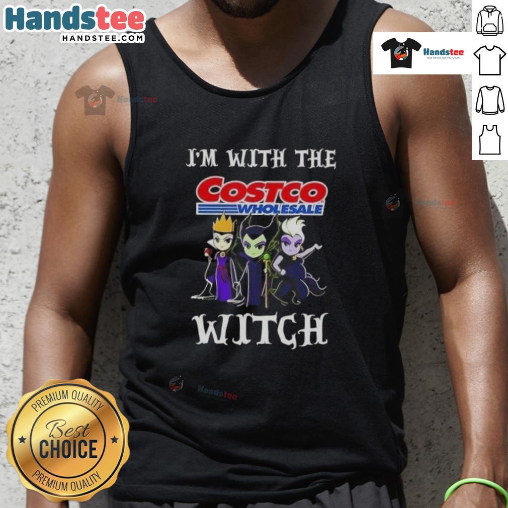 Official 'I'm With The Costco Wholesale Witch' Halloween tank top featuring a fun villain design for spooky celebrations.