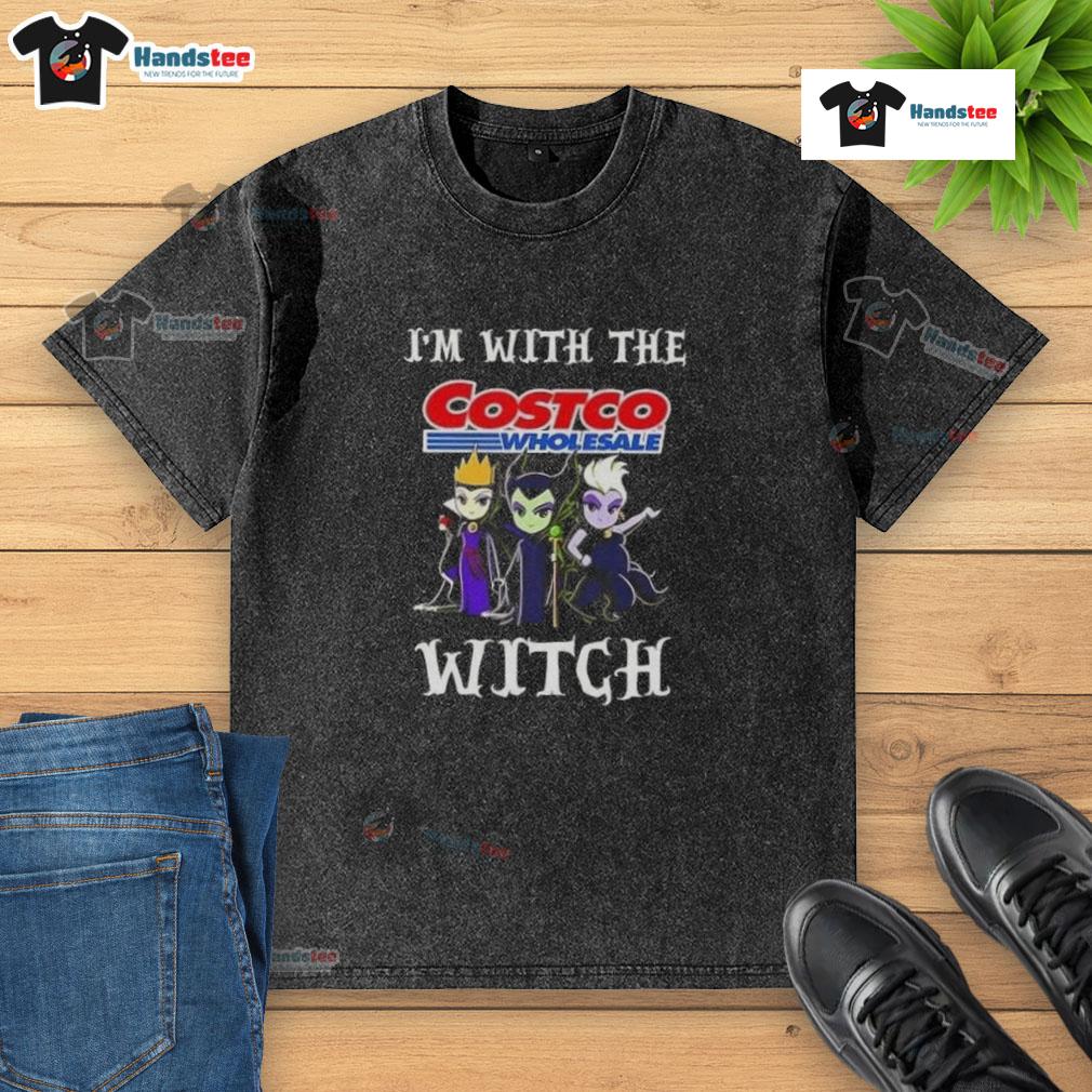 Official Im With The Costco Wholesale Witch Villains Halloween T-Shirt in a washed design, perfect for festive celebrations.