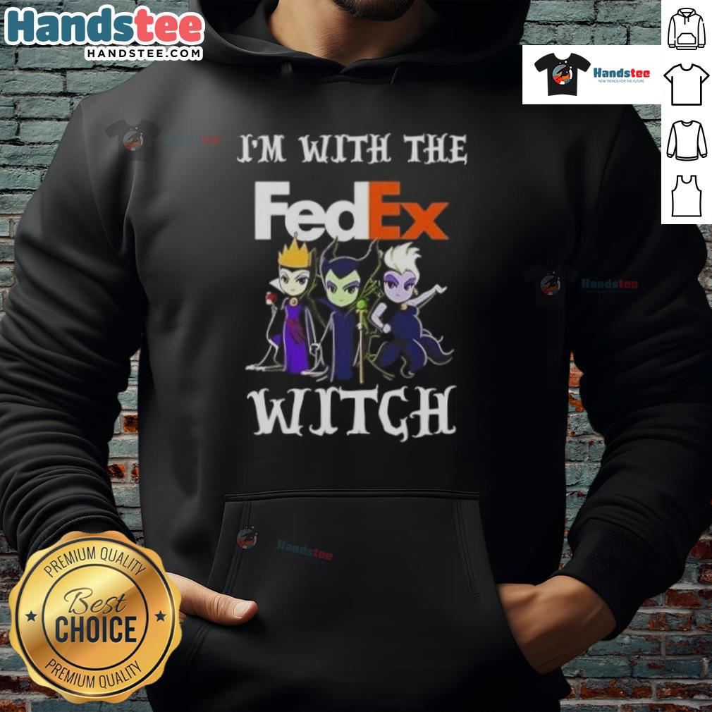 Official 'I'm With The FedEx Witch' Halloween hoodie featuring a spooky design, perfect for Halloween enthusiasts.