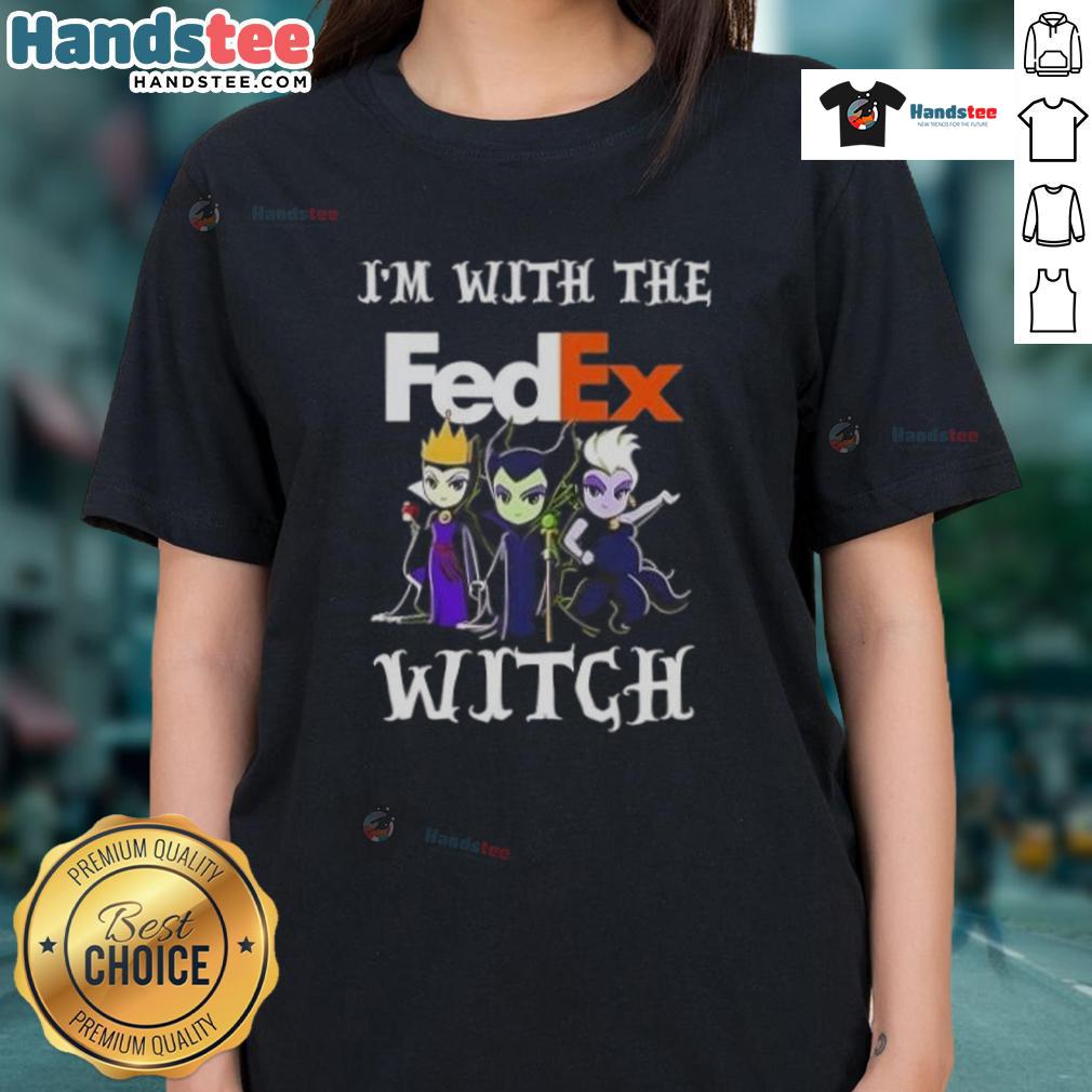 Official 'I'm With The FedEx Witch' Halloween Ladies Tee featuring a fun design for festive celebrations.