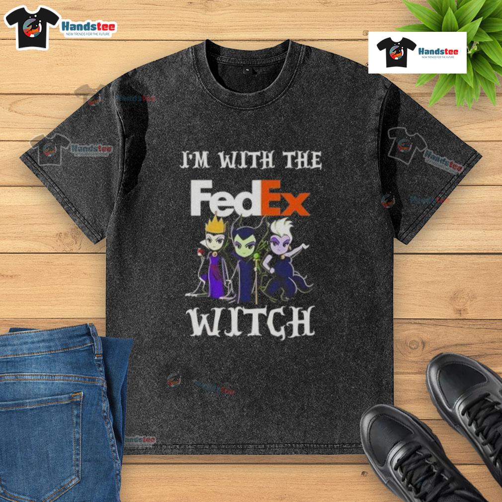 Official 'I'm With The FedEx Witch' Halloween Villains washed t-shirt featuring a spooky design for festive fun.