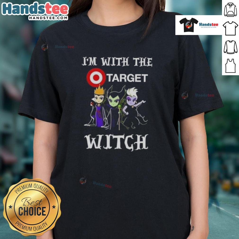 Official I'm With The Target Witch Villains Halloween Ladies Tee featuring spooky graphics for festive style.