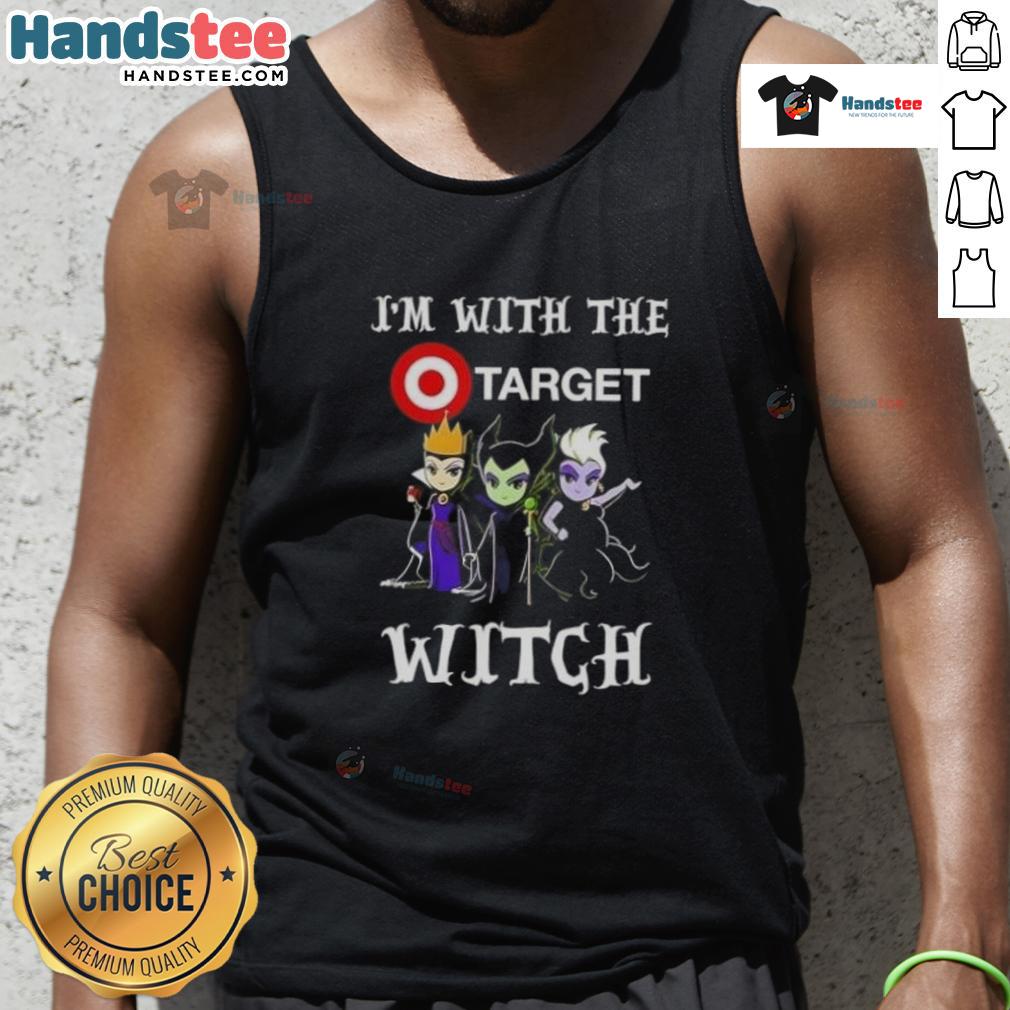 Official 'I'm With The Target Witch' Halloween tank top featuring spooky graphics, perfect for villain-themed costumes.