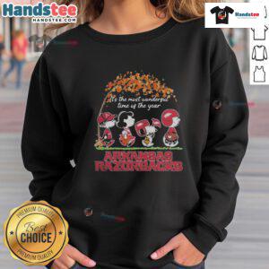 Alt Text: Official Peanuts Characters x Arkansas Razorbacks NFL sweatshirt for the holidays - It's the Most Wonderful Time of the Year.