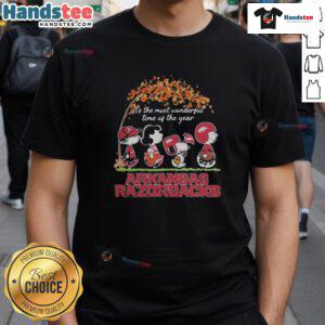 Official Peanuts Characters X Arkansas Razorbacks NFL T-shirt celebrating 'It's The Most Wonderful Time Of The Year.'