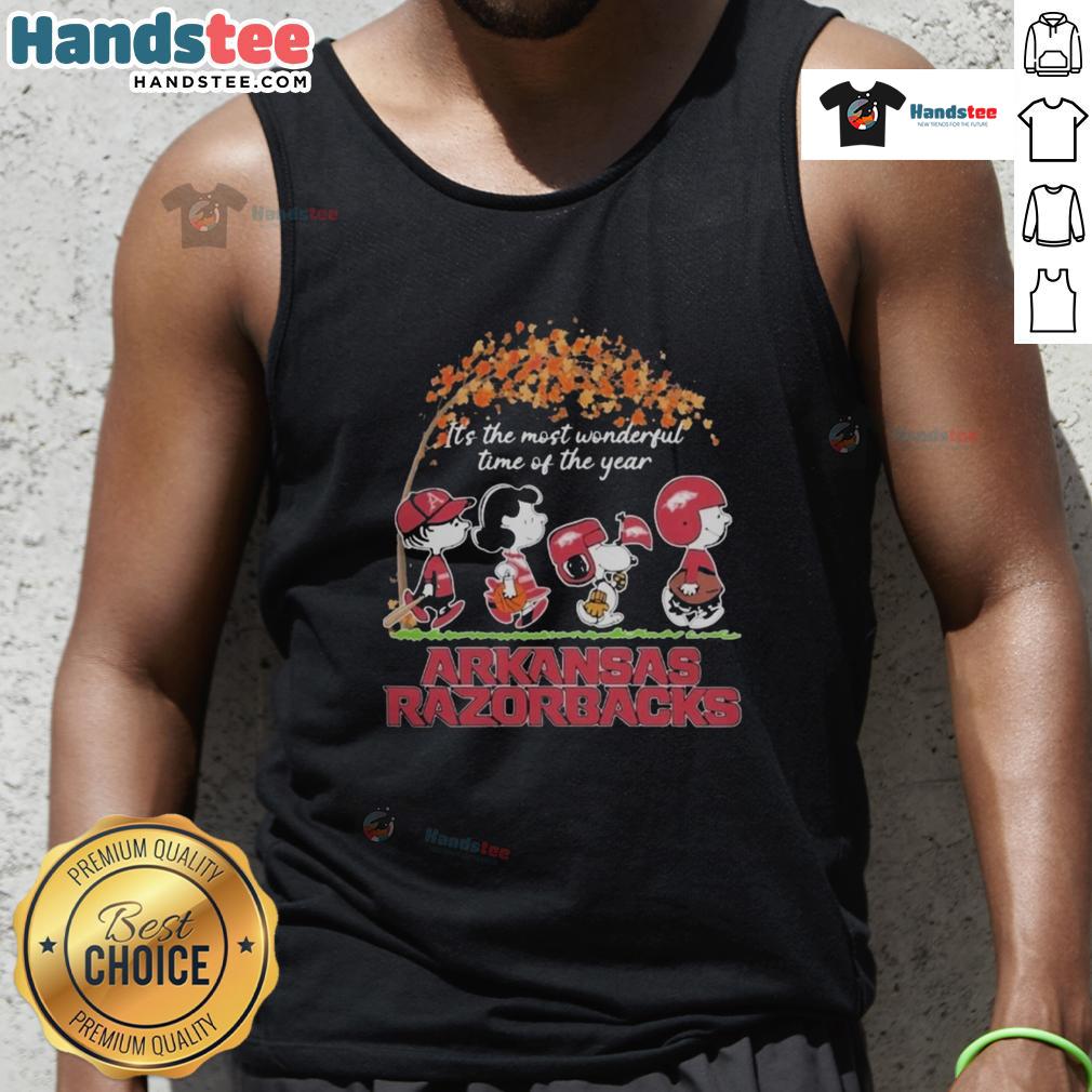 Official Peanuts characters X Arkansas Razorbacks NFL tank top celebrating 'It's The Most Wonderful Time Of The Year'.