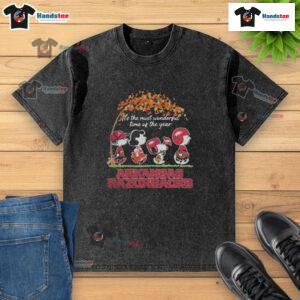 Official Peanuts characters on an Arkansas Razorbacks NFL T-shirt celebrating 'It's The Most Wonderful Time Of The Year'.