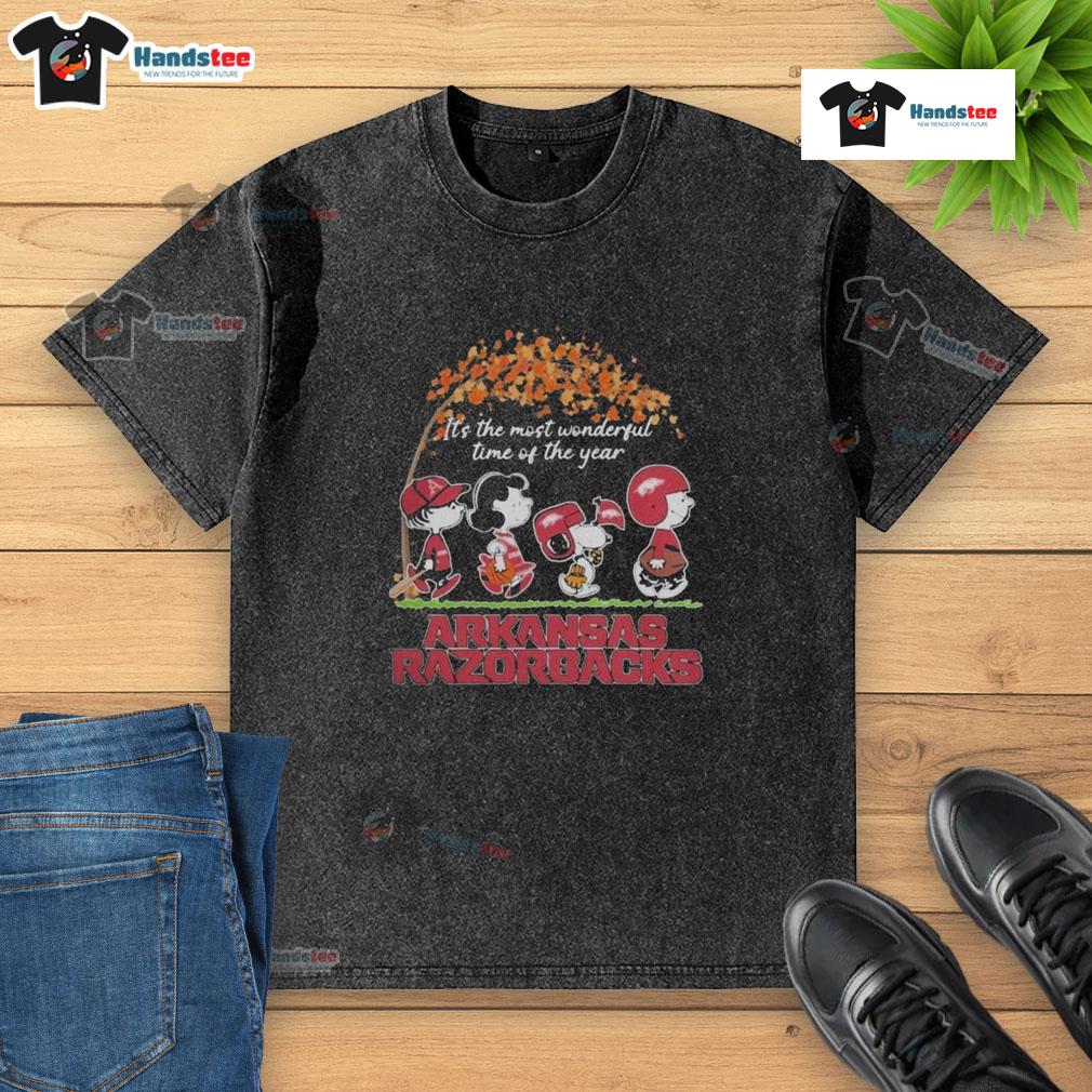Official Peanuts characters on an Arkansas Razorbacks NFL T-shirt celebrating 'It's The Most Wonderful Time Of The Year'.