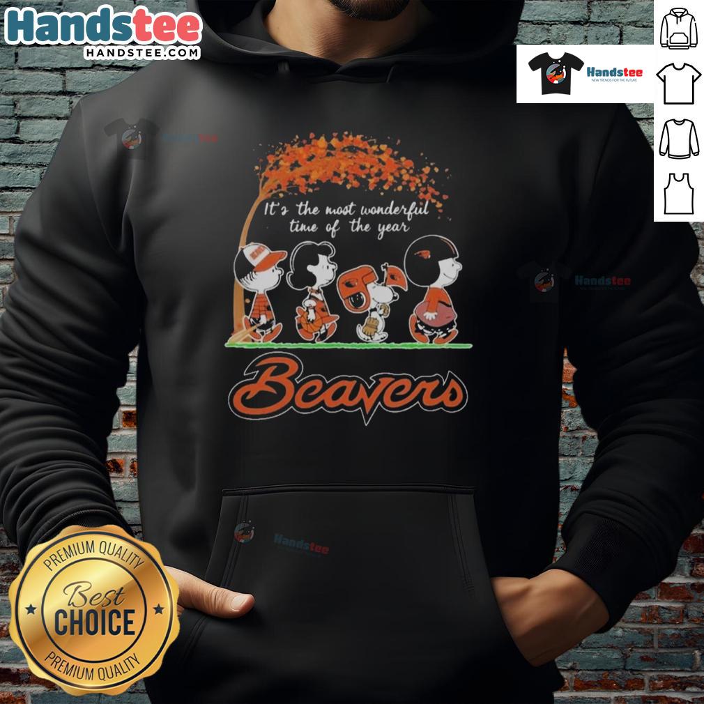 Official Peanuts characters hoodie featuring Oregon State Beavers NFL design for the holiday season.