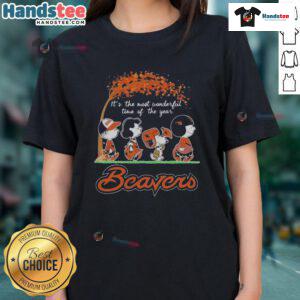Official Peanuts characters on Oregon State Beavers NFL tee, celebrating 'It's The Most Wonderful Time Of The Year'.