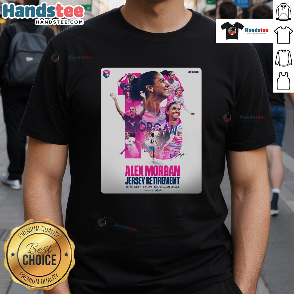 Alex Morgan jersey retirement t-shirt for San Diego Wave FC, September 7, 2025, at Snapdragon Stadium, celebrating a legend.