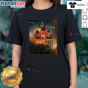 Alt Text: Original De Marcus De Roche committed to the Miami Hurricanes ladies tee featuring team colors and logo.