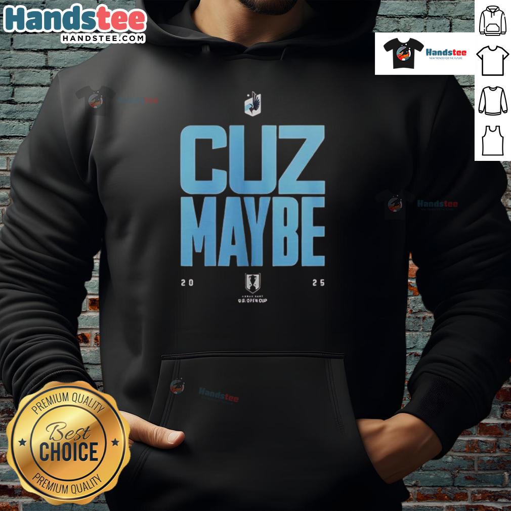 Top Minnesota United FC 'Cuz Maybe 2025' hoodie in navy blue, perfect for fans showing team pride and style.