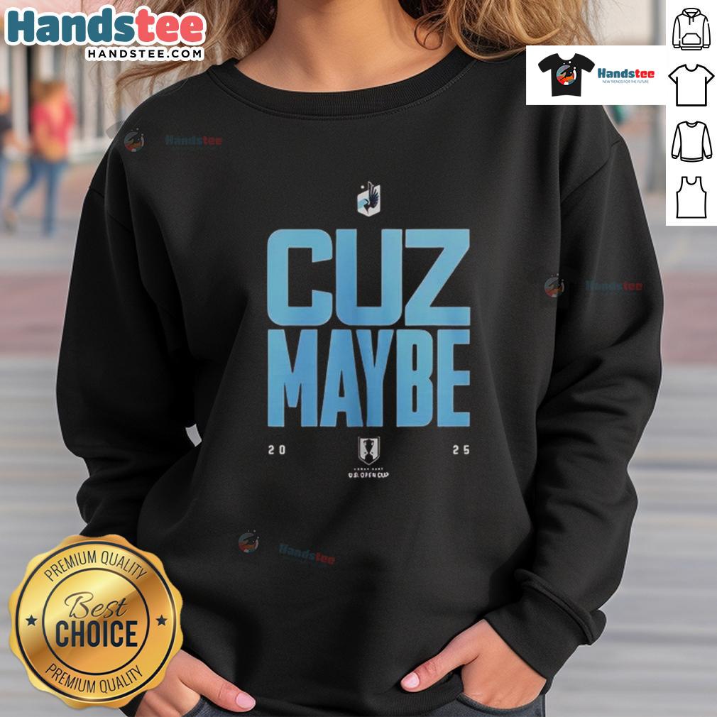 Top Minnesota United FC 'Cuz Maybe 2025' sweatshirt in navy blue, featuring the team logo and stylish design for fans.
