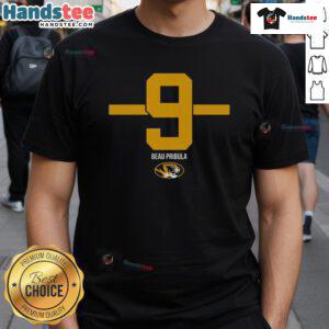 Alt Text: Top Missouri Tigers Football Beau Pribula Stripe T-Shirt featuring team colors and logo for fans.