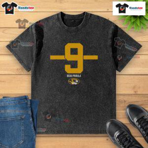 Beau Pribula wearing a Top Missouri Tigers football 9-stripe washed t-shirt, showcasing team spirit and style.