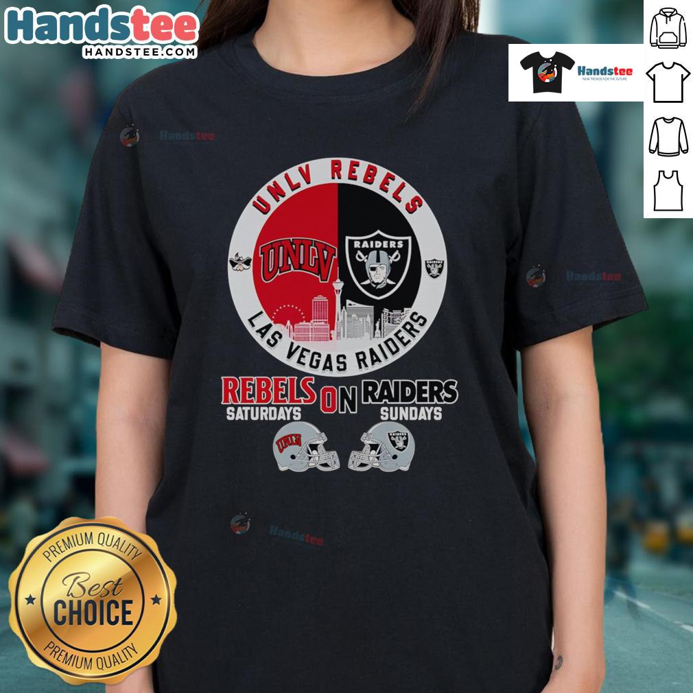 UNLV Rebels ladies tee featuring Las Vegas skyline, perfect for game days on Saturdays and Sundays.