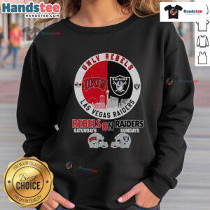 Top UNLV Rebels on Saturdays, Las Vegas Raiders on Sundays Skyline Sweatshirt showcasing team pride and city spirit.