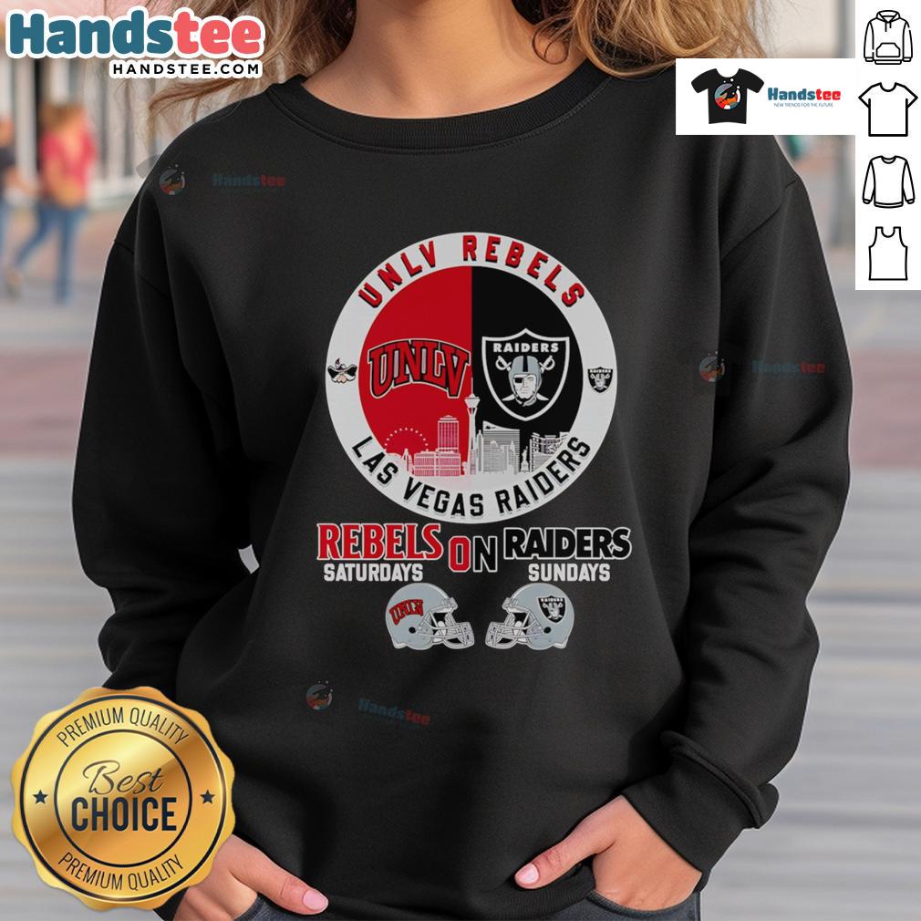 Top UNLV Rebels on Saturdays, Las Vegas Raiders on Sundays Skyline Sweatshirt showcasing team pride and city spirit.