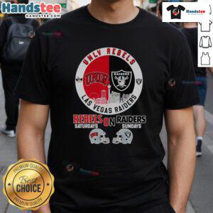 UNLV Rebels and Las Vegas Raiders skyline t-shirt showcasing team pride for game days, perfect for fans.