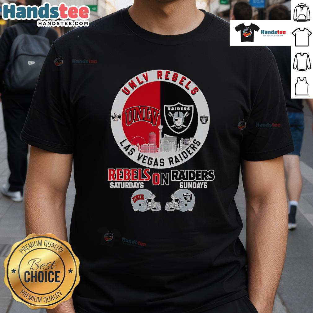 UNLV Rebels and Las Vegas Raiders skyline t-shirt showcasing team pride for game days, perfect for fans.