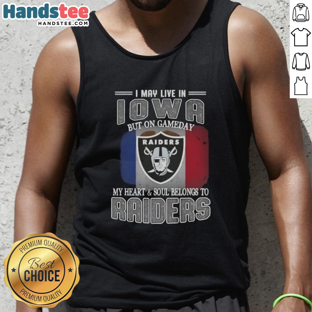 Alt Text: Woman in a Raiders tank top showing team spirit, saying 'I may live in Iowa, but my heart belongs to Raiders'.