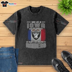 Alt Text: Awesome washed t-shirt showcasing pride for Raiders, perfect for game day in Iowa.