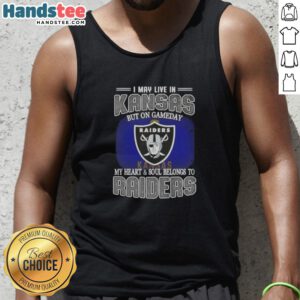 Raiders tank top design with 'I May Live in Kansas, But My Heart Belongs to Raiders' text, perfect for game day.