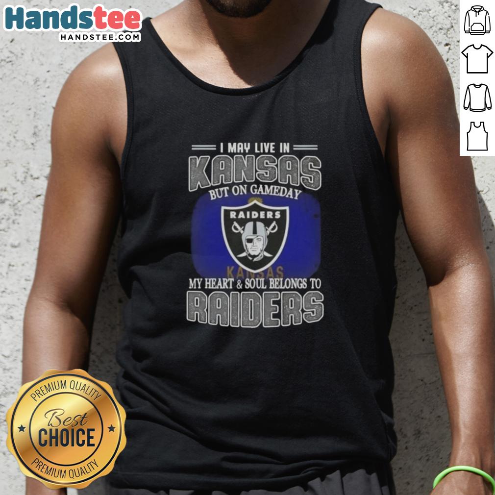 Raiders tank top design with 'I May Live in Kansas, But My Heart Belongs to Raiders' text, perfect for game day.