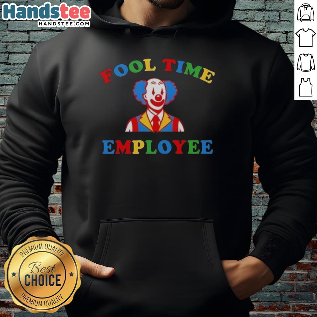 Good Fool Time employee wearing a colorful clown hoodie, showcasing a fun and playful work culture.