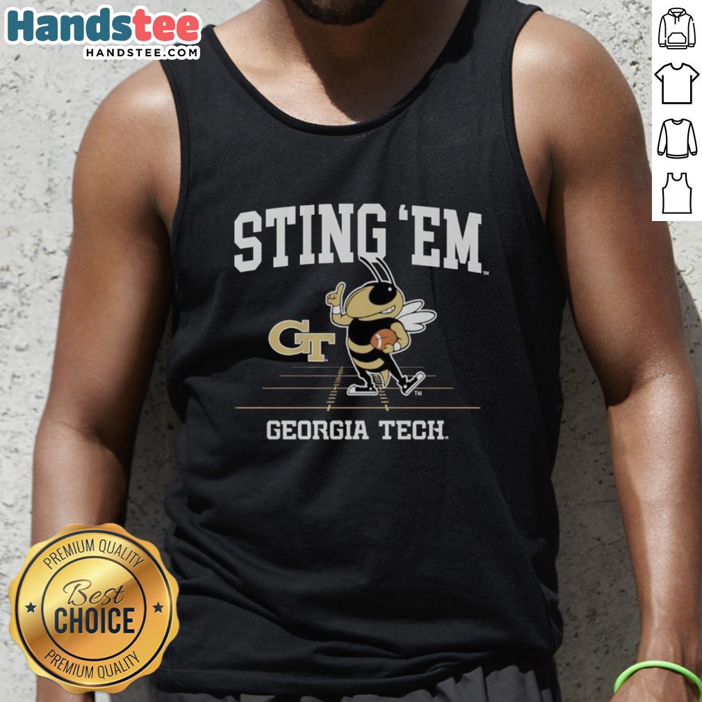 Alt Text: Georgia Tech Yellow Jackets football tank top featuring the Good Sting Em mascot design for fans and athletes.