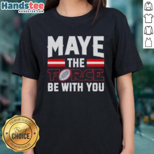 Happy Drake Maye wearing a New England Patriots tee with 'May the Force Be With You' design, showcasing team spirit.