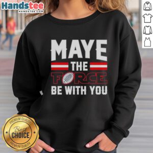 Happy Drake Maye wearing New England Patriots sweatshirt with 'May the Force Be With You' slogan, showcasing team spirit.
