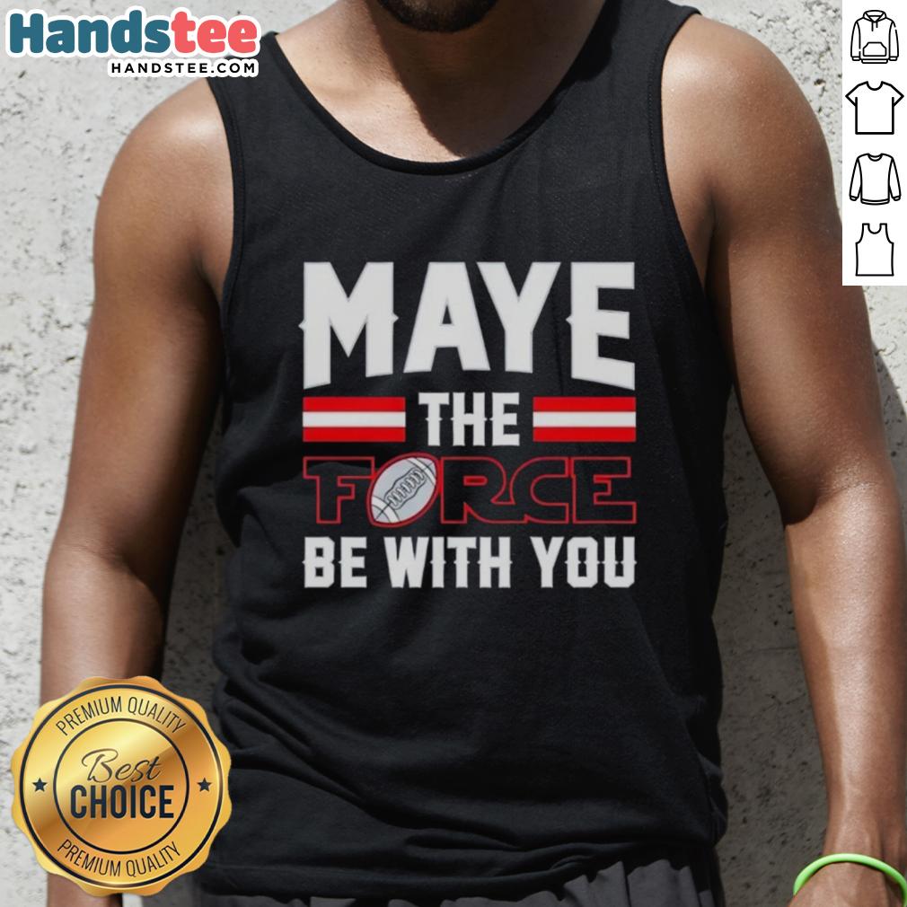 Happy Drake Maye in a New England Patriots tank top, featuring 'Maye The Force Be With You' design.