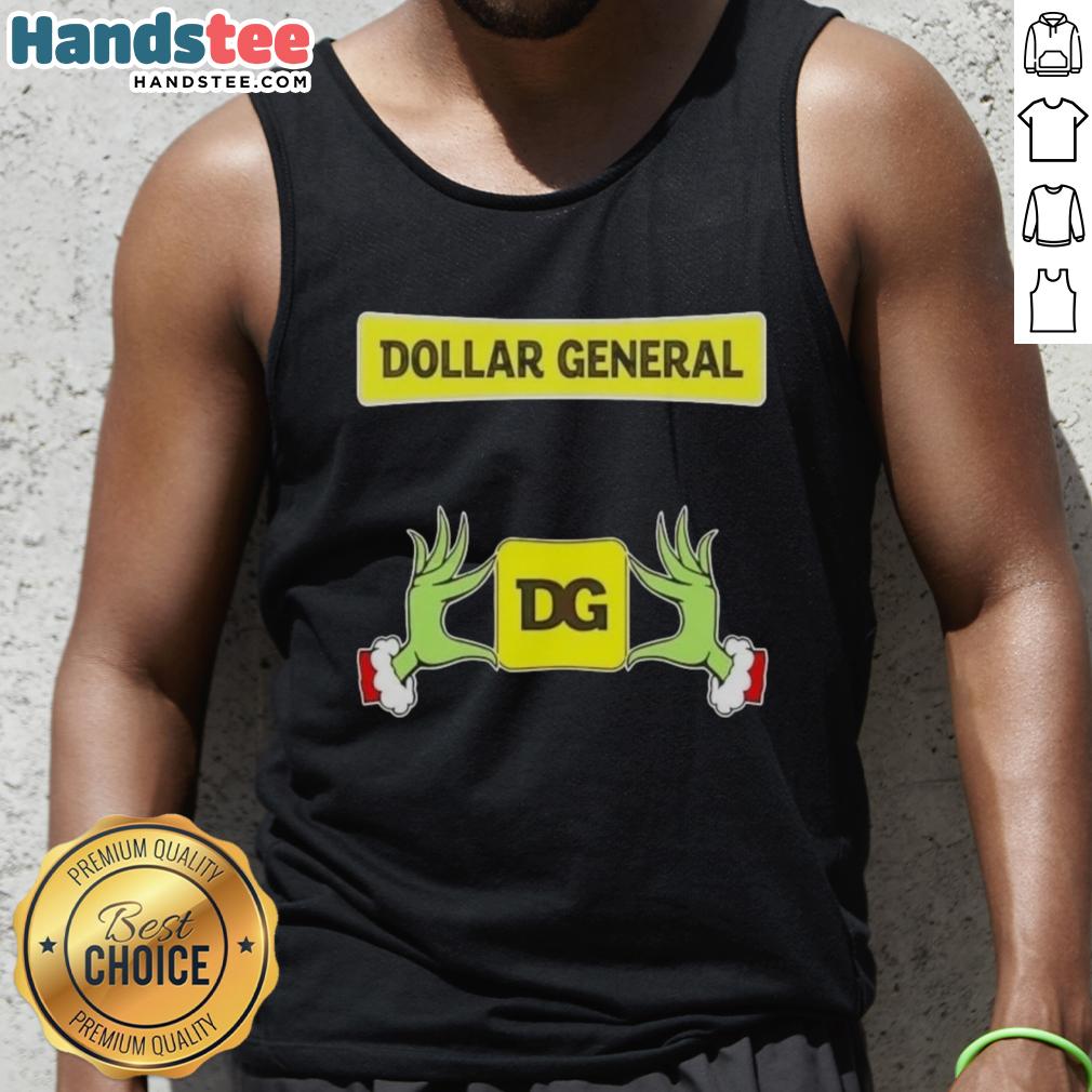 Festive Grinch hands holding a heart on a Christmas tank top from Dollar General, perfect for holiday celebrations.