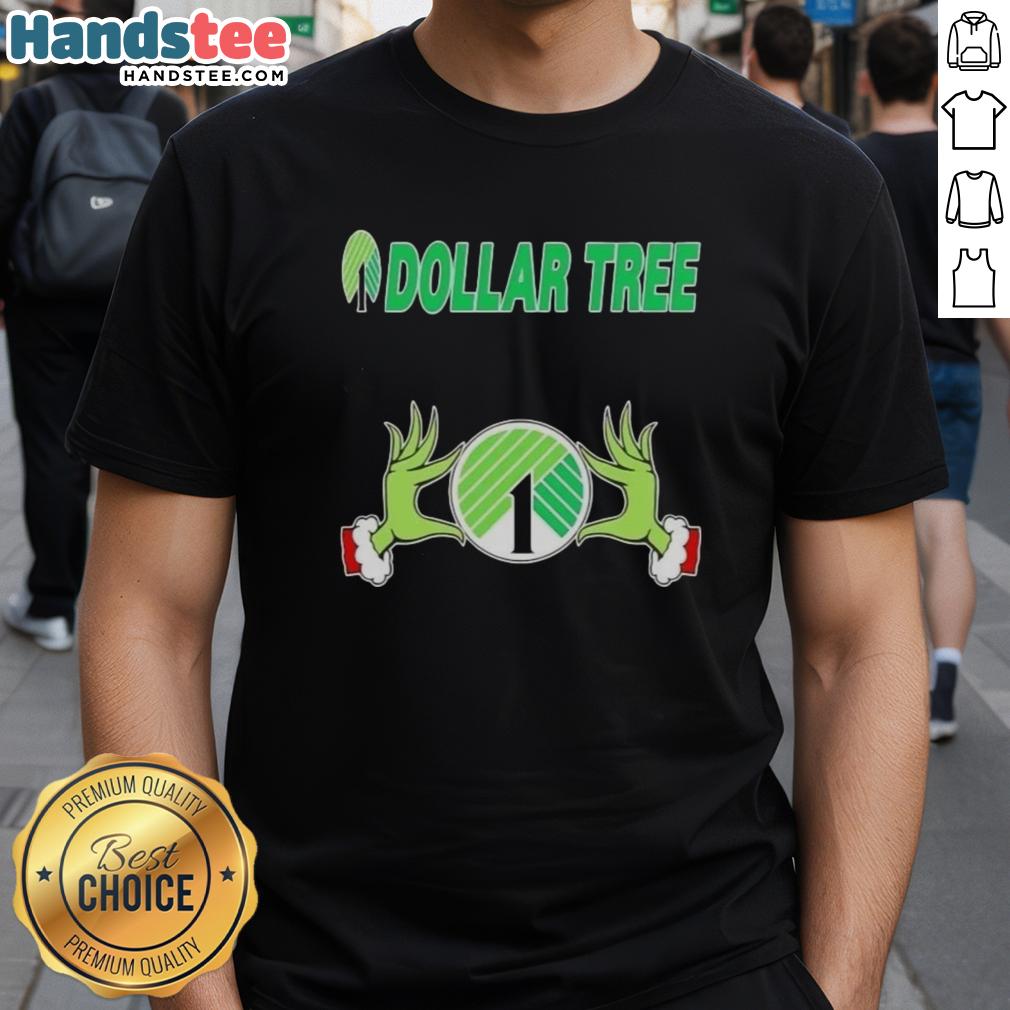 Grinch hands holding ornaments on a Dollar Tree Christmas T-Shirt, perfect for festive holiday celebrations.