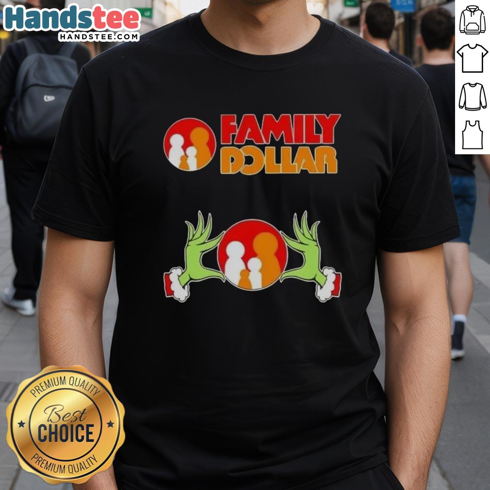 Nice Grinch hands holding hearts on a Family Dollar Christmas T-shirt, perfect for holiday family gatherings.
