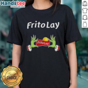 Womens Christmas tee featuring 'Nice Grinch Hands Love Frito Lay' design, perfect for festive holiday celebrations.