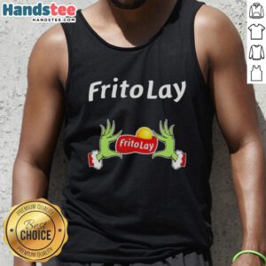 Nice Grinch hands holding Frito Lay snacks on a festive Christmas tank top, perfect for holiday celebrations.