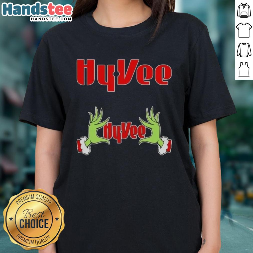 Nice Grinch Hands Love Hy-Vee Christmas Ladies Tee featuring festive design and holiday spirit for women's apparel.