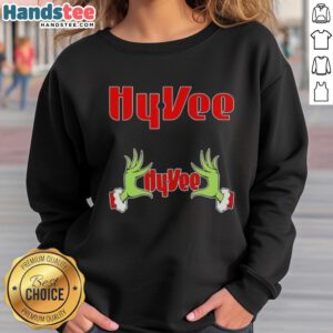 Cozy Nice Grinch Hands Love Hy-Vee Christmas Sweatshirt featuring festive design perfect for holiday celebrations.