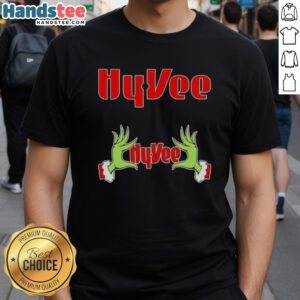 Nice Grinch Hands Love Hyvee Christmas T-Shirt featuring festive design with Grinch hands and holiday graphics.